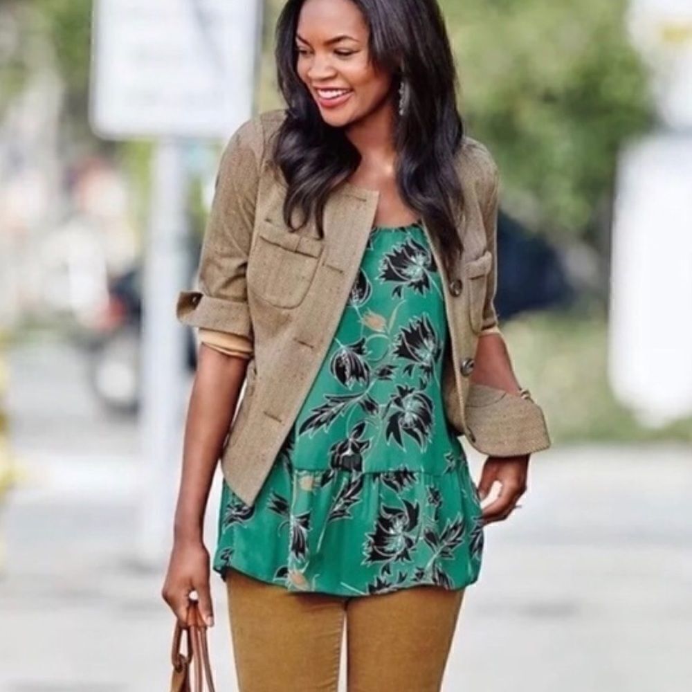 CAbi Tan Blazer with Green Floral Tunic